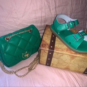 Toddler Kelly green purse and toddler’s Kelly green sandals in a size 9